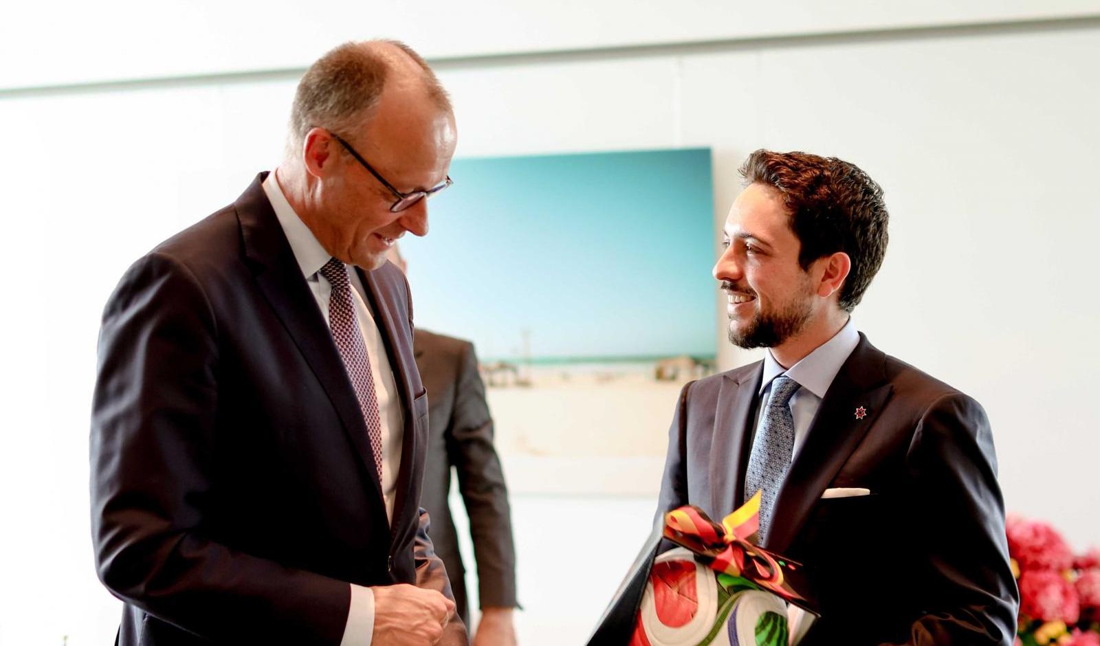 His Royal Highness Crown Prince Al Hussein and Germany Chancellor Friedrich Merz discuss enhancing cooperation and regional developments