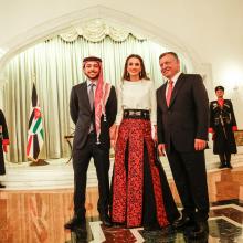 Their Majesties King Abdullah Bin Al Hussein and Queen Rania Al Abdullah and HRH Crown Prince Hussein Bin Abdullah at the Jordanian 69th Independence Day