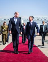 The Regent, His Royal Highness Crown Prince Al Hussein bin Abdullah II, welcomes Prince William, Duke of Cambridge, at Marka Military Airport